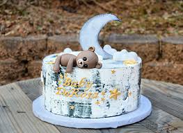 Adorable Silver Gold Moon Stars Gender Neutral Baby Shower Cake With Cute Fondant Te Baby Shower Cakes Neutral Bear Baby Shower Cake Twin Baby Shower Cake
