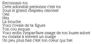 Sous le grand chapeau canotier voici l'ovale de ta figure oeil, nez, bouche ton cou exquis voici enfin l'imparfaite image de ton buste ador vu comme travers un nuage un peu plus bas c'est ton coeur qui bat. P O S I T I V E R Chapeau Canotier Calligramme Poeme