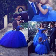 Royal Blue Princess Wedding Flower Girl Dresses Puffy Tutu Off Shoulder Sparkly Crystals 2017 Toddler Li Vestido Mae E Filha Moda Mae E Filha Vestidos Infantis