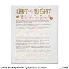 Gold Glitter Baby Shower Left Right Story Game Poster Zazzle Com Glitter Baby Shower Baby Shower Boy Baby Shower Games