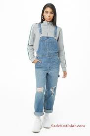 2019 Kot Tulum Modelleri Mavi Yirtik Askili Cepli Tulum Gri Sweatshirt Beyaz Spor Ayakkabi Denim Overalls Yirtik Kotlar Moda
