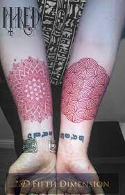 Tattoo By Phred Flower Of Life And Mandala In Red Londontattoo Geometrictattoo Mandala Floweroflife Sacr Flower Of Life Tattoo Elbow Tattoos Red Tattoos