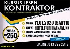 Bersetuju pendaftaran lesen kontraktor … Kursus Lesen Kontraktor Kursus Lesen Kontraktor Di Kota Kinabalu Bertempat Di Hotel Puri Inanam Pada 11 07 2020 Sabtu Adakah Ini Persoalan Anda Apa Itu Kontraktor Bagaimana Mendapatkan Lesen Kontraktor Binaan Cidb