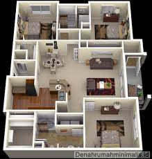 Walaupun terlihat kecil dan mungil namun rumah tersebut bisa memuat 2 ruang untuk tidur,dapur,kamar mandi serta ruang tamu. Denah Rumah Minimalis Sempit 3d 1 Lantai 3 Kamar Tidur Bedroom House Plans 3d House Plans Three Bedroom House