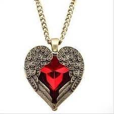 Vintage Crystal Heart With Angel Wings Necklace Angel Wing Heart Necklace Heart Choker Necklace Red Gemstones