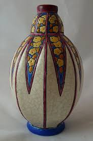 Art Deco Longwy Vase With Crackle Glaze And Stylized Flowers Art Deco Vases Art Deco Period Pottery Art