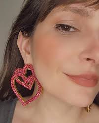 Maxi brinco Corações em Strass Rosa