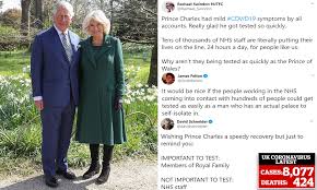 The prince of wales and duchess of cornwall said the value of royal mail staff has never been more important as many people have taken the time to write a letter, or a card. Fury As Prince Charles And Camilla Get Coronavirus Tests Ahead Of Nhs Staff Despite No Symptoms Daily Mail Online