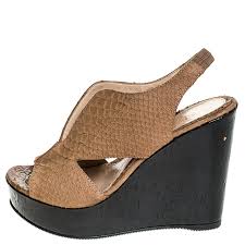 Fendi Light Brown Python Embossed Leather Slingback Platform Wedge Sandals Size 38
