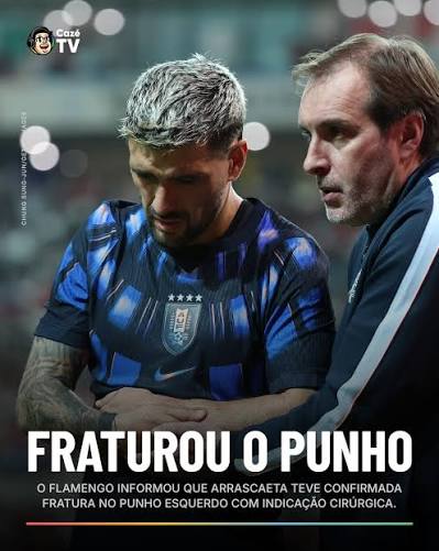 PROBLEM&Atilde;O PRO FLAMENGO! 🤕🇺🇾🔴⚫ O Rubro-Negro informou que Arrascaeta SOFREU UMA FRATURA NO PUNHO contra a Coreia do Sul e vai precisar passar por cirurgia. O jogador retornar&aacute; ao Brasil. #CoberturaCaz&eacute;TV #Flamengo #