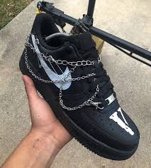 Custom Black And White Air Forces Chained Vlone Air Force 1 Custom The Custom Movement In 2020 Black Nike Shoes Hype Shoes Nike Air Shoes