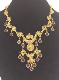 Goldette Purple Glass Bib Necklace Etruscan Revival Bezel Set Vintage Jewelry Vintage Designer Jewelry Jewelry Design