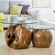 A modern take on the classic solid wood table, the custom round light coffee table with sponge filling beige and | etsy. Two Set Table Unikat Set Of Side Tables With Teak Balls Glass Plates