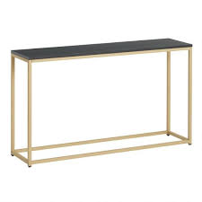 Our Exclusive Alan Console Table Features A Black Tabletop With A Visible Woodgrain Pattern Supported By Gold Metal Console Table Wood Console Table Gold Wood