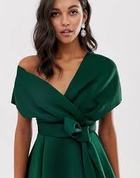 Asos Design Fallen Shoulder Midi Prom Dress With Tie Detail In Bottle Green Asos Black Tie Event Dresses Event Dresses Wedding Guest Outfit Winter