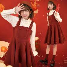 森女部落シリーズ ワンピース 秋冬服 ファション 無地 つり レッド 赤 s m l スウィート 可愛い 少女 秋 ワンピース ワンピース 秋冬 服