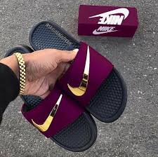 Black And Gold Nike Slides Womens Nike Benassi Bordeaux Golden Check Slides Nike Slippers Jordan Shoes Girls Nike Air Shoes
