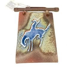 Hand Crafted Southwestern Salt-Flash Pottery Hanging Wall Art Tile Cowboy  Bronco