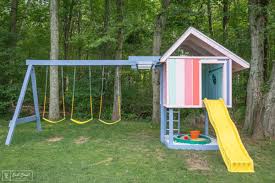 Painting a swing set can extend its life if you use products that will protect the set from the elements. Kids Play Shed Swing Set Makeover East Coast Creative