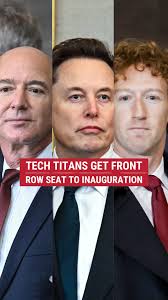Tech titans Elon Musk, Mark Zuckerberg, Jeff Bezos, and Sundar Pichai, got  a front row seat at the star-studded inaugural swearing-in ceremony for  President Trump.