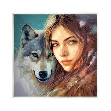 Stupell Industries Girl & Grey Wolf Portrait Animals & Insects Painting  Unframed Art Print Wall Art, 12 x 12