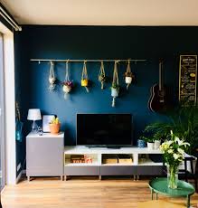 Blue Wall With Tv Stand And Macrame Plant Hanging Bar Ikea Besta Blue Walls Blue Living Room Living Room Pillows