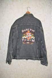 Rare Harley Davidson Black Denim Embroidered Jean Jacket Etsy In 2021 Embroidered Jean Jacket Harley Jacket Black Denim