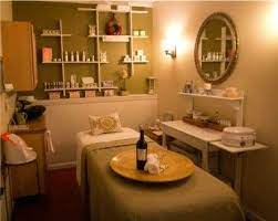 Table For Bedside I Like The Clean White Room Better But I Love The Shelving And Product Set Up Here Attrac Spa Rooms Spa Room Decor Esthetician Room Decor