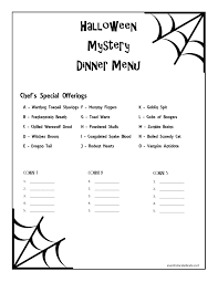 The menu's items are mysterious. Halloween Mystery Dinner Menu