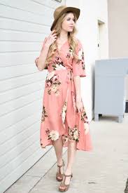 Peach Floral Wrap Midi Dress Wrap Dress Floral Mid Length Dresses Floral Dress Summer