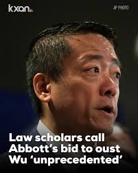 Legal scholars called Gov. Greg Abbott's petition to the Texas Supreme  Court, which seeks to remove Rep. Gene Wu, “unprecedented and said it lacks  a legal basis.”  https://www.kxan.com/news/texas-politics/law-scholars-say-gov-abbotts-bid-to-oust-rep-wu  ...