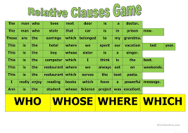 The relative pronoun is the subject the relative clause can come after the subject or the object of the sentence. Relative Clause Game English Esl Worksheets For Distance Learning And Physical Classrooms