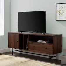 Simpli home warm shaker solid wood universal tv media stand, 47 inch wide, farmhouse rustic, living room entertainment center, storage cabinet, for flat screen tvs up to 55 inches, black. Welwick Designs 60 In Dark Walnut Modern Tv Console With Record Storage Hd8347 In 2020 Tv Console Modern Flat Panel Tv Modern Tv