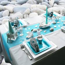 Beach Themed Party Table Decor Turquoise Table Runner Tableware Great Ideas Turquoise Table Beach Themed Party Beach Table Settings