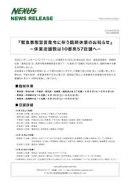 緊急事態宣言を受けた東京 神奈川 埼玉 千葉 首都圏1都3県の生活関連の情報をまとめています。 news web easyやさしい にほんごの ニュース. ç·Šæ€¥äº‹æ…‹å®£è¨€ ç™ºä»¤ã«ä¼´ã†è‡¨æ™‚ä¼'æ¥­ã®ãŠçŸ¥ã‚‰ã› ãŠçŸ¥ã‚‰ã› Nexusæ ªå¼ä¼šç¤¾