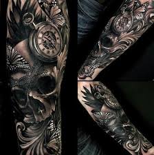 Black and white sleeve tattoo. Leg Tattoo Dark Skull Sleeve Tattoos Full Sleeve Tattoos Sleeve Tattoos