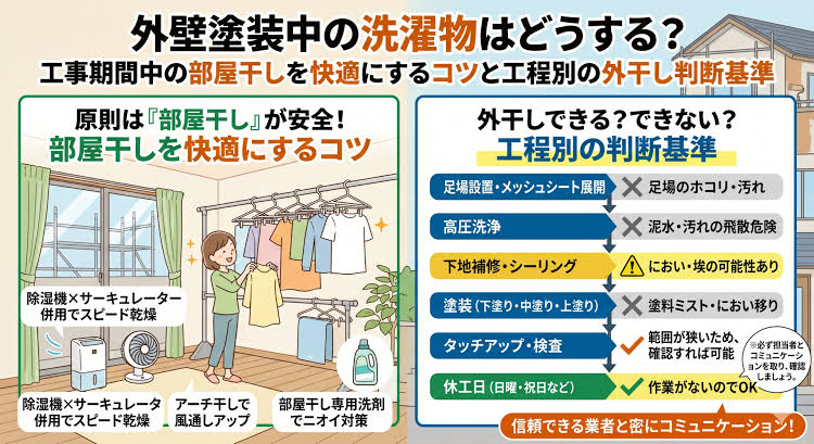 工事期間中の洗濯物は基本的に部屋干しでの対応が必要（AI 生成）