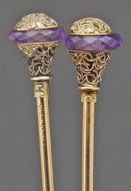 Victorian Etruscan Revival Filigree Gold Fill Amethyst Crystal Two Hat Pin Set Hat Pins Antique Hats Stick Pins