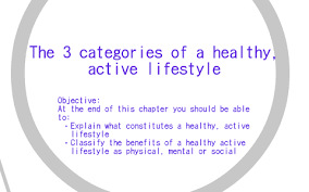 This list uses a definition of lifestyle as any habits of social relations, consumption, dress, and recreation that are important enough to significantly influence the lives of a sector of the population, and hence can be used as a basis of social classification. 01928 1 The Three Categories Of A Healthy Active Lifestyle By Mr Fildes
