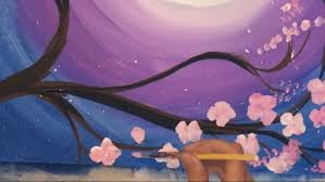 The cherry tree branch has open and abstract flowering blossoms in magenta and white. Cherry Blossom Tree Painting Step By Step Painting For Beginners