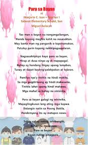 📖 PARA SA BAYAN Tula ni Marjorie C. Ison Salacot Elementary School San  Miguel, Bulacan Maraming salamat po sa pagshare ng inyong tula sa  #KwentuhanSeries! Na-appreciate po namin ang inyong kontribusyon! ❣️