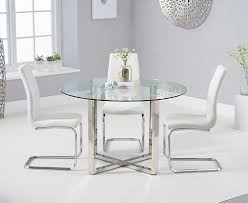 Round clear glass top dining table with espresso table stand. Round Glass Chrome Dining Table 4 White Chairs Homegenies
