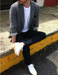 Black Blazer And Jeans Outfit Mens Charcoal Jacket White Tee Slim Black Jeans Tennis Shoes Casual Wear For Men Mens Outfits Men Casual