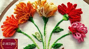 Hand Embroidery Carnation Flower Making Chain Stitch Carnation Flower Hand Embroidery Hand Embroidery Flowers