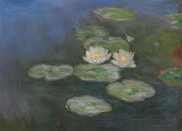 Vertical brushstrokes in blue yellow white light blue. Water Lilies Evening Effect Claude Monet Paintings