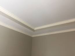 Creamy Crown Molding Inside Tray Ceiling And Perimeter Of Room White Ceilings Anew Gray Wall Paint Gray Painted Walls White Ceiling Grey Walls