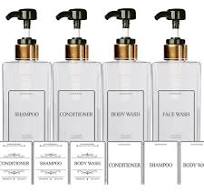 Empty Shampoo Bottles Square Dispenser Pump Bottle 800 ml 27 oz Waterproof Labels (Shampoo, Conditioner, Body Wash, Face Wash) Gold Black Clear Body