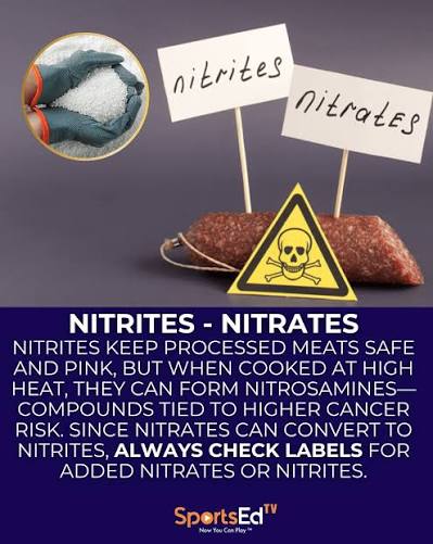 🥓 Nitrites & Nitrates: What's the deal? Nitrites keep processed meats pink  and safe from bacteria, but when cooked at high heat (think frying or  grilling), they can turn into nitrosamines —