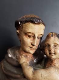 Antique St Anthony of Padua with Infant Jesus statue. Plaster statue from  Spain