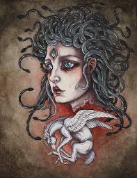 The Child Of Medusa This painting is a few years old but still is a  favorite of mine. It is painted in watercolor, acrylic, and inked with  ballpoint pen 🖊️ #medusa #pegasus #
